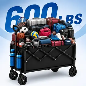 360 Degree All Terrain Folding Heavy Duty Wagon  Large Capacity Black Utility Cart For Sports Equipment Camping Shopping Garden Use