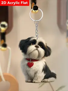 2D Flat, 1 Piece Charming Black and White Shih Tzu Dog Keychain Pendant - with Heart Collar, Perfect for Car Mirror Decoration, Christmas, Thanksgiving, Valentine's Day, Teacher's Day, Father's Day, Mother's Day, Birthday Gift, Dog Decoration