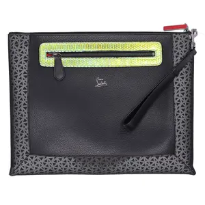 Pre-owned christian louboutin Leather Clutches & Wristlets Peter Pouch Clutch Black Logo Neo Yellow Fiber Leather