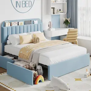 Full Size Bed Frame with Storage Headboard  Bed Frame with 2 Drawers  Boucle Upholstered Platform Bed with Bookcase  Easy Assembly  No Box Spring Needed  Blue