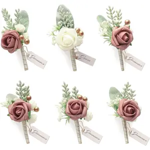 Set of 6 Dusty Rose & Ivory Foam Rose Boutonnieres with Pins for Men Wedding for Groom Groomsmen Wedding Ceremonies Anniversaries Formal Dinners Parties Proms