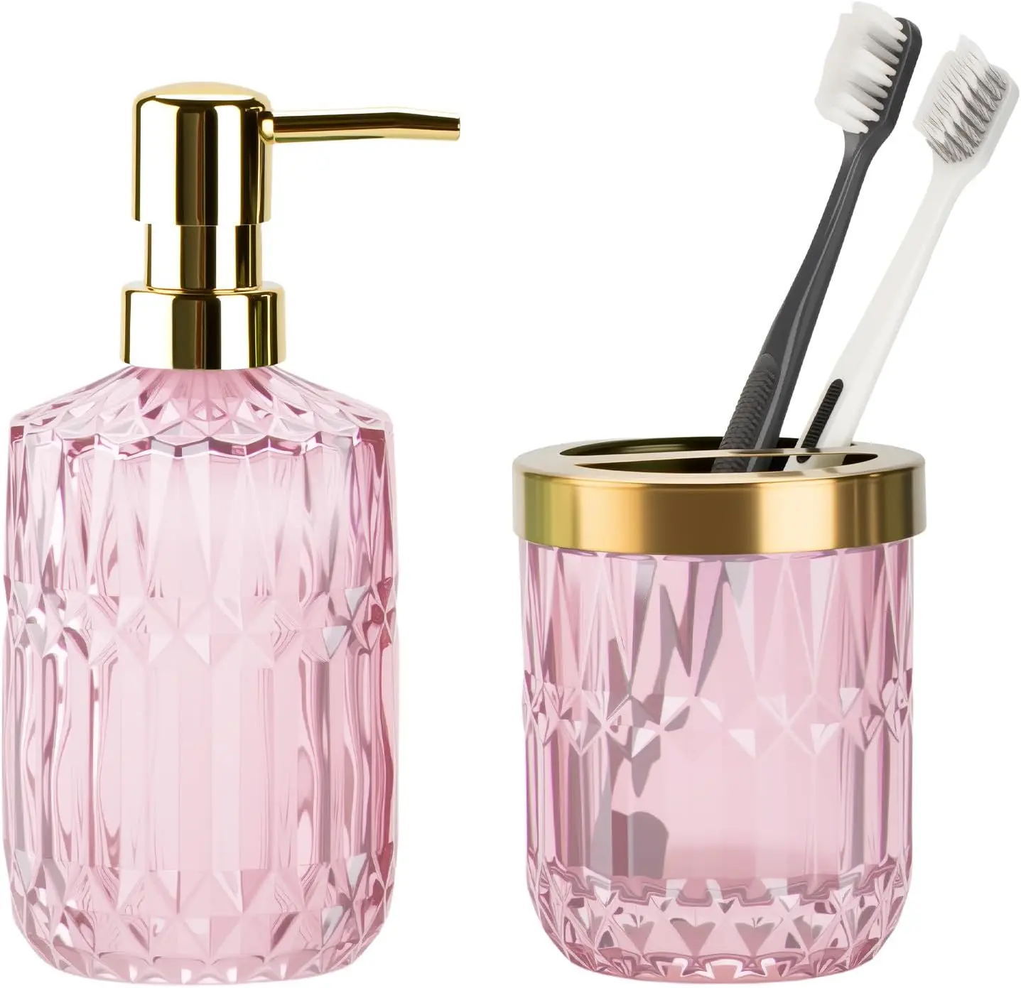Pink 2-Pcs Glass Bathroom Accessories Set - Toothbrush Holder, Soap Dispenser, Organizes Countertop, Meets Daily Needs, Complete Set Package for Modern Bathroom Decor