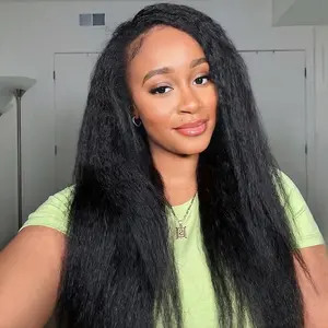 OQ HAIR Yaki Straight Half Wig Human Hair 3 In 1 Seamless Flip Over Half Wigs 250% Density Drawstring Glueless Wig
