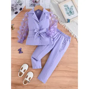 2-piece Set for Girls with 3D Collar Long Sleeve Blazer + Solid Color Long Pants Set