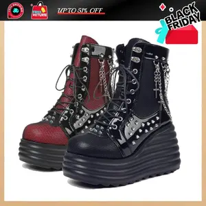 Women's Gothic Thick Ankle Boots Cross Decorative Chain Platform Zipper Round Head Lace Battle Boots Wedge Carnival Boots Black Red Punk Shoes