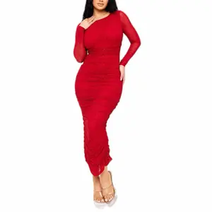 Maggie Dress-RHINESTONE ON MESH PLEATED LONG DRESS  ROUND NECK  LONG SLEEVE  SLIT BACK HEM  ZIPPER BACK CLOSURE  MODERATE STRETCH  MODEL: 5'8" SMALL  SELF:90% NYLON 10% SPANDEX/ LINING: 100% POLYESTER