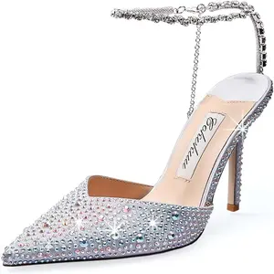 Women’s Crystal Rhinestone High Heel Sandals – Satin Stilettos with Ankle Strap Sparkling Pointed Toe Design