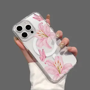 MagSafe Compatible Transparent Soft TPU Protective Cover for iPhone 11/12/13/14/15/16 & Pro Max, Durable Shockproof Case with Aesthetic Butterfly Lilies Pattern, Mobile Phone Handheld Accessory