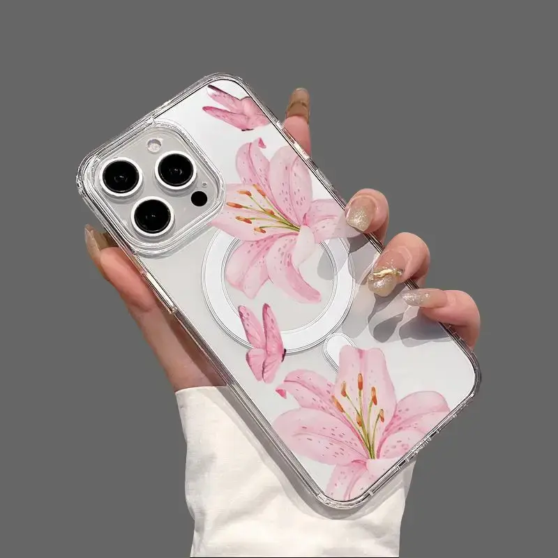 MagSafe Compatible Transparent Soft TPU Protective Cover for iPhone 11/12/13/14/15/16 & Pro Max, Durable Shockproof Case with Aesthetic Butterfly Lilies Pattern, Mobile Phone Handheld Accessory fashionable