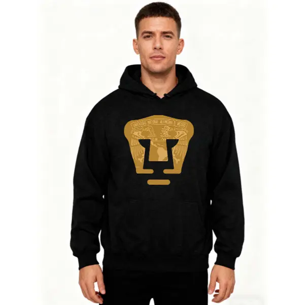 270g Fleece-lined Hooded Pullover with Drawstring, featuring UNAM Shield Pattern Design. Made from thick, high-quality fabric with premium printing, it has a loose fit and is unisex, suitable for both men and women. Machine washable, warm and comfortable