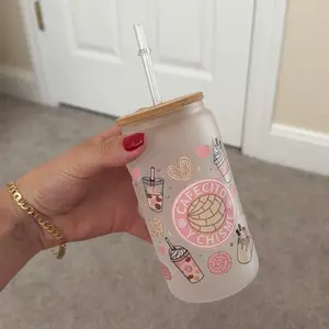 Cute Glass Can Cup with Bamboo Lid & Straw – Frosted or Clear