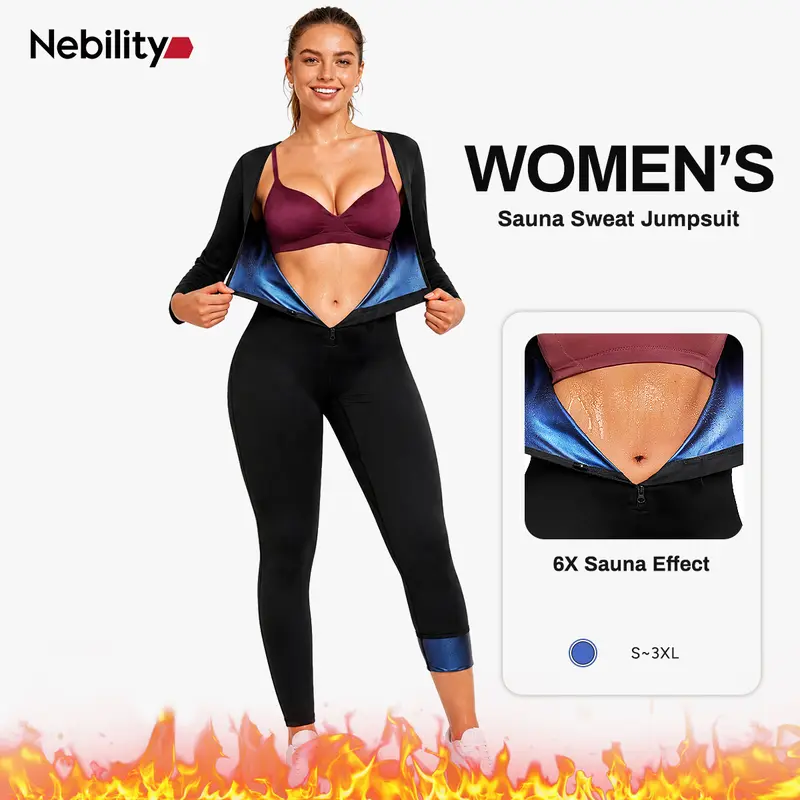 Nebility Women's Long Sleeve Sculpting Activewear Jumpsuit - Tummy & Waist Control Shapewear for Gym Training, Yoga Workout & Fitness Activities