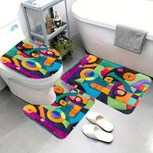 A Set of Three Abstract Colorful Geometric Pattern Bathroom Anti-Slip Quick-Dry Mats, Including a Toilet Seat Cover, a U-Shaped Toilet Mat, Made of Soft Flannel Material