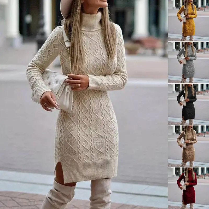 Women's Maternity Pregnancy Minimalist Basic Lady Turtleneck Knitted Dress - Winter Warm, Solid Color, Pullover, Slit Design Casual Womenswear
