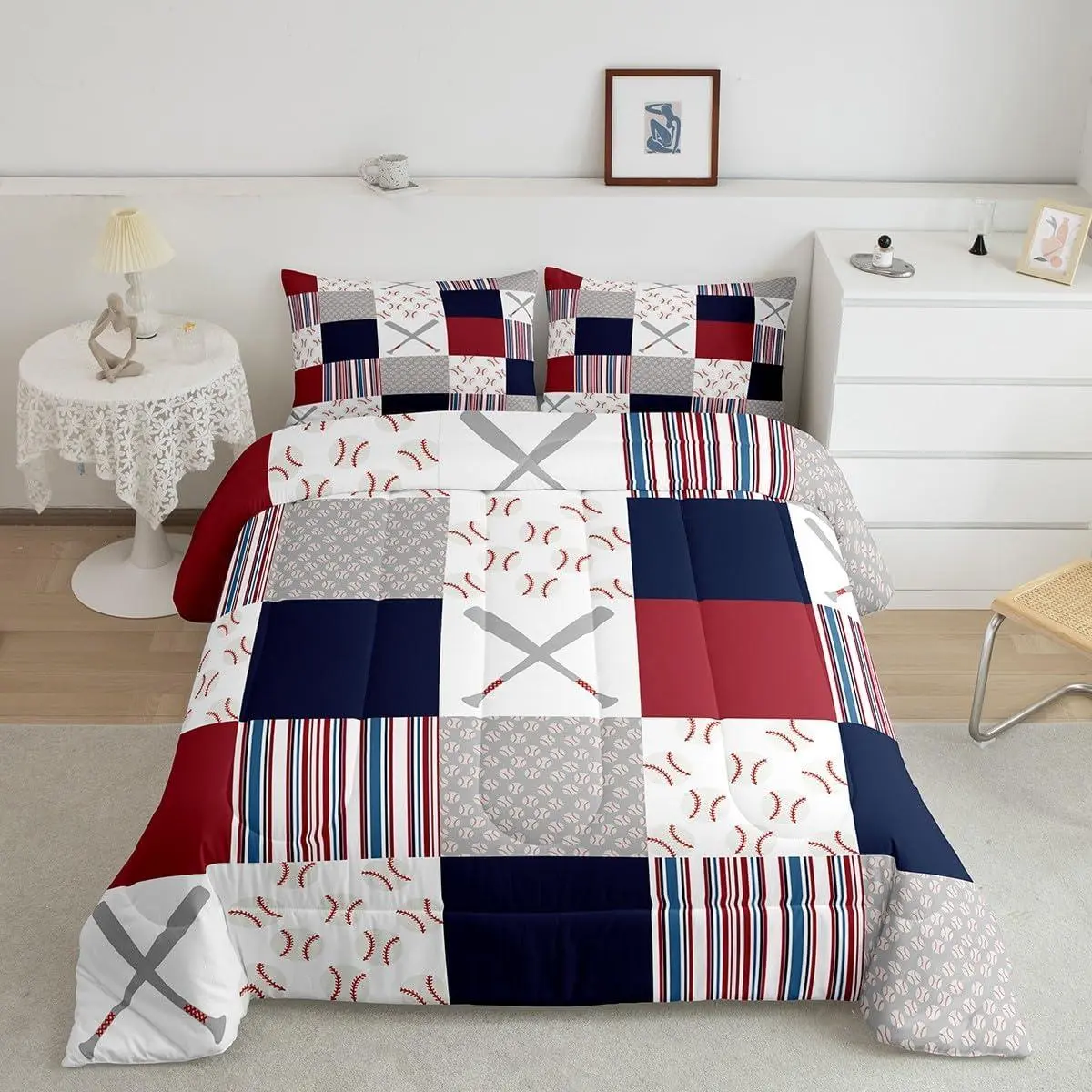 Feelyou Queen Size Breathable Microfiber Duvet Comforter Set - All Seasons, Multi-Size Sets Option, Machine Washable, Soft Texture, Digital Printed Baseball Sports Motif, Gift for Baseball Fans