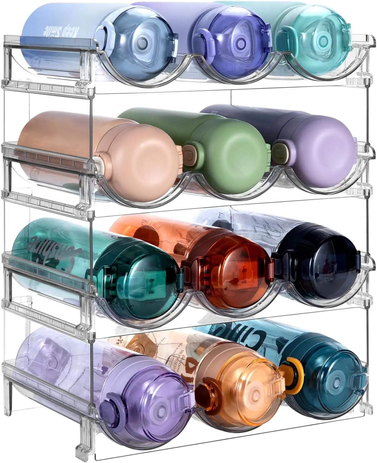 (Limited Time Deal) Water Bottle Organizer, Stackable Bottle Storage Rack, 4 Pack Water Bottle Holder for Kitchen Fridge Cabinet Organization and Storage, Plastic Wine Rack/Drink Bottle Holder