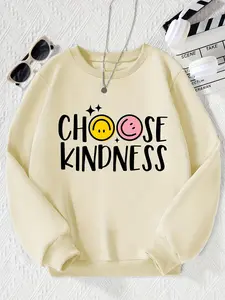 Girl's "choose Kindness" Letter & Smile Face Print Round Neck Sweatshirt, Cute Cozy Sweatshirt, Fall Outfits, Fashion Casual Crew Neck Long Sleeve Pullover for Daily Outdoor Wear, Girls Clothing for Spring Fall, Going Out Outfits