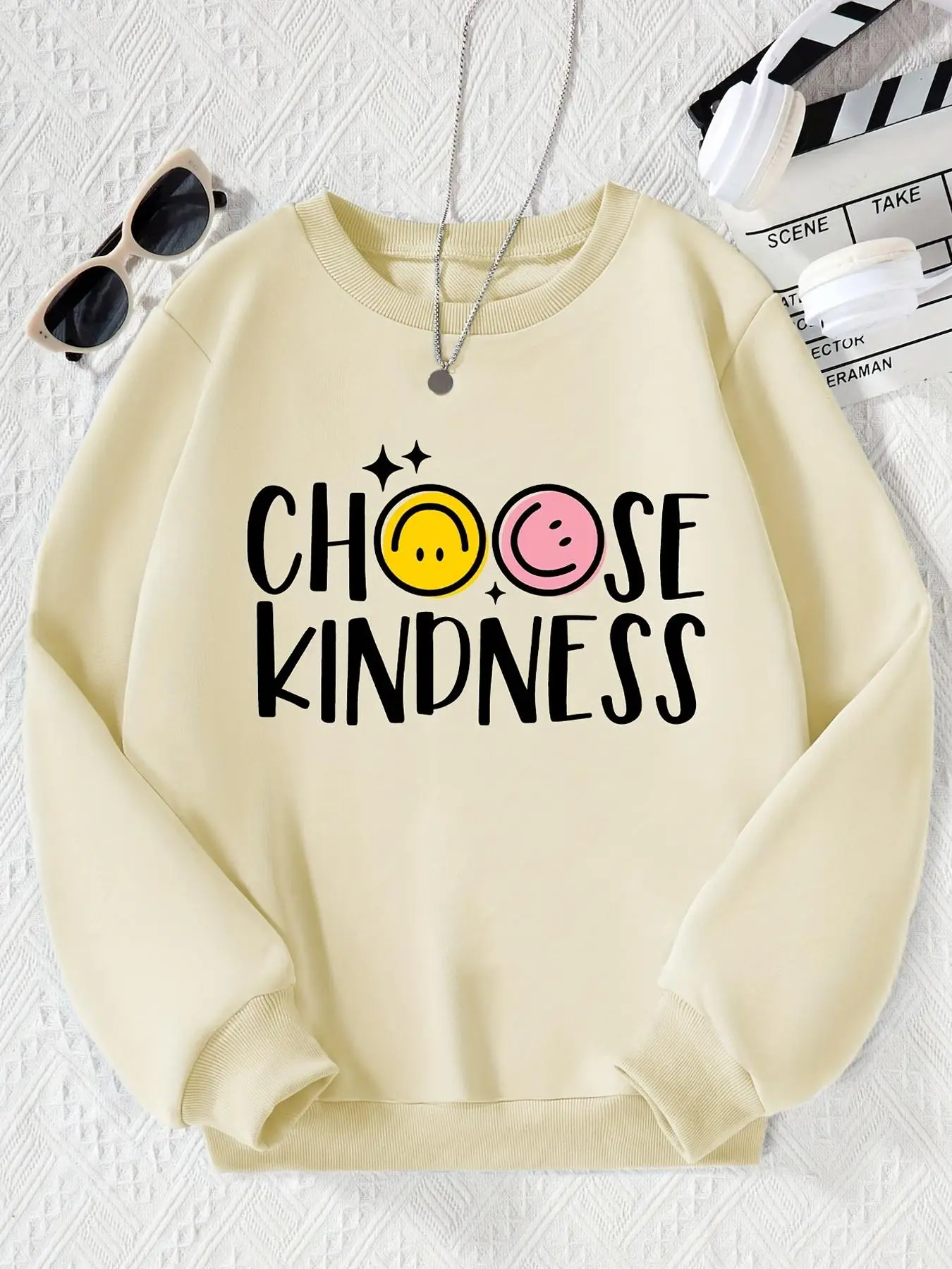 Girl's "choose Kindness" Letter & Smile Face Print Round Neck Sweatshirt, Fall Outfits, Fashion Casual Crew Neck Long Sleeve Pullover for Daily Outdoo