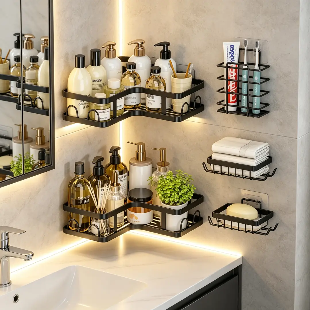 5-piece bathroom storage set, corner storage rack with hooks, wall mounted, no drilling required, easy installation, heavy-duty reinforced metal wire basket, high-quality matte anti-rust paint, suitable for bathrooms, kitchens, and laundry rooms.