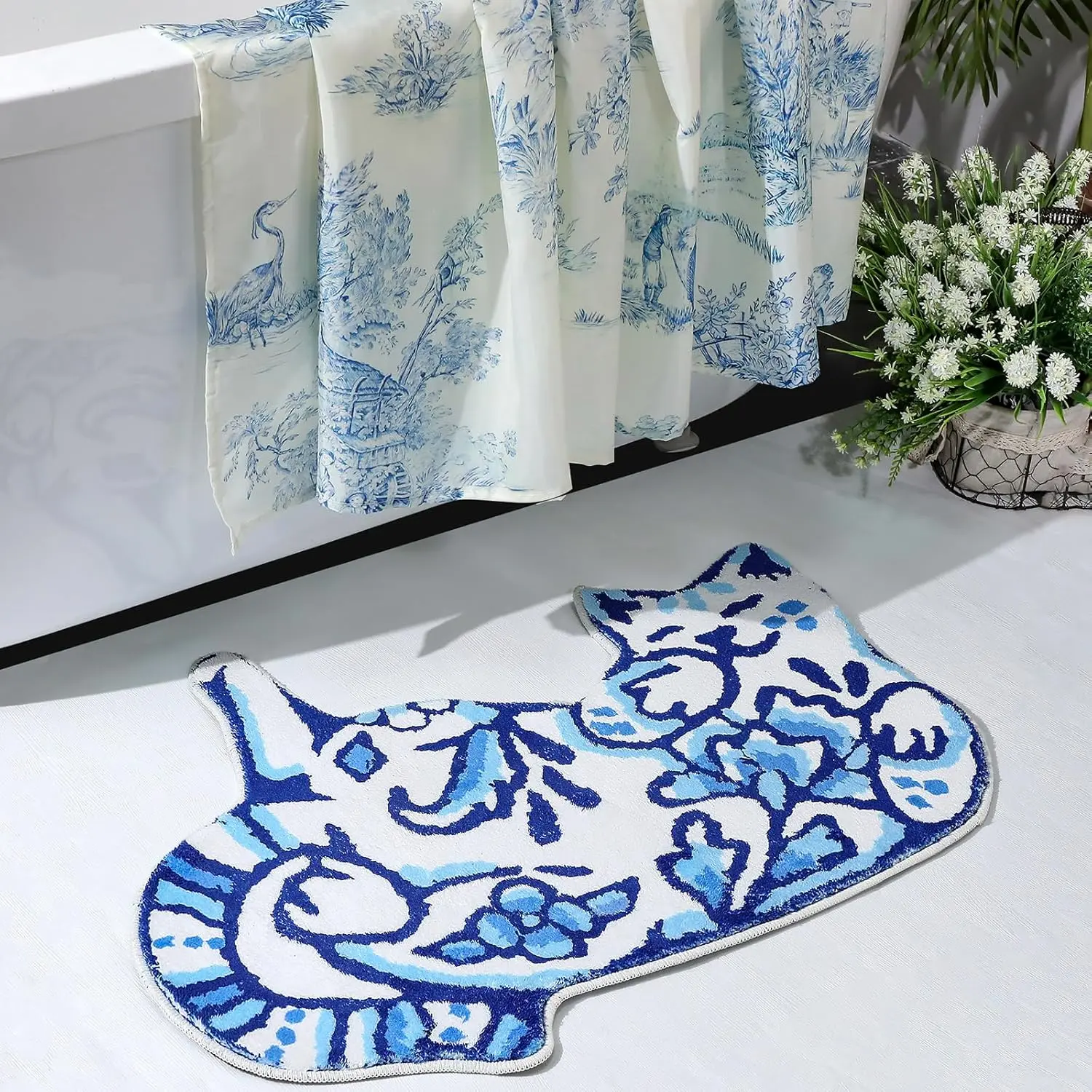 Delft Cat-Shaped Plush Tufted Bath Mat, Bathroom Decorative Mat, Slip-Free Absorbent Easy Clean Portable Washable Floor Cover for Bathroom, Home Supplies, Slip-Free Bath Mats