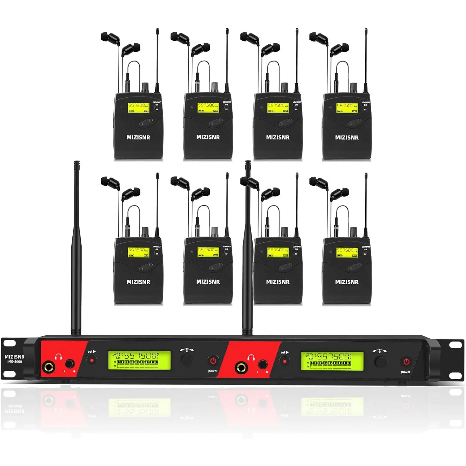Pro UHF Wireless In-Ear Headset Monitor System (IME-8000) - 2-Channel, 8 Plastic Bodypacks, 2x40 Frequencies, LCD Display, 330ft Range, Noise-Canceling Audio, Metal Rack Mount, Sync Function, Lock Feature, Adapter Compatible for Musicians, Stage, Connecti