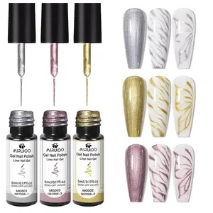 MSRUIOO 3pcs Metallic Liner Gel Nail Polish Set, 2 in 1 Ultra-fine Brush Head French Pull Line Graffiti Painting Stripe Design Gel Varnish, Champagne Rose Silvery Elegant French Nail Art