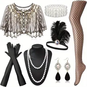 1 Set 1920S Flapper Set with Gloves Earrings Necklace Headband Bracele Stockings for Vintage Wedding Costume Accessories for Halloween, Party, and Stage Performances