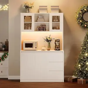 Modern Kitchen Pantry Cabinet with Storage, Led Lights, Charging Station and Microwave Stand, Tall Buffet Cabinet with Countertop
