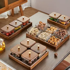 2/3/4pcs Glass Snack Bowls with Lid, Wooden Tray Included, Perfect Party Essentials, Compartment Design, Nut Candy Storage, Glass Kitchen Canisters