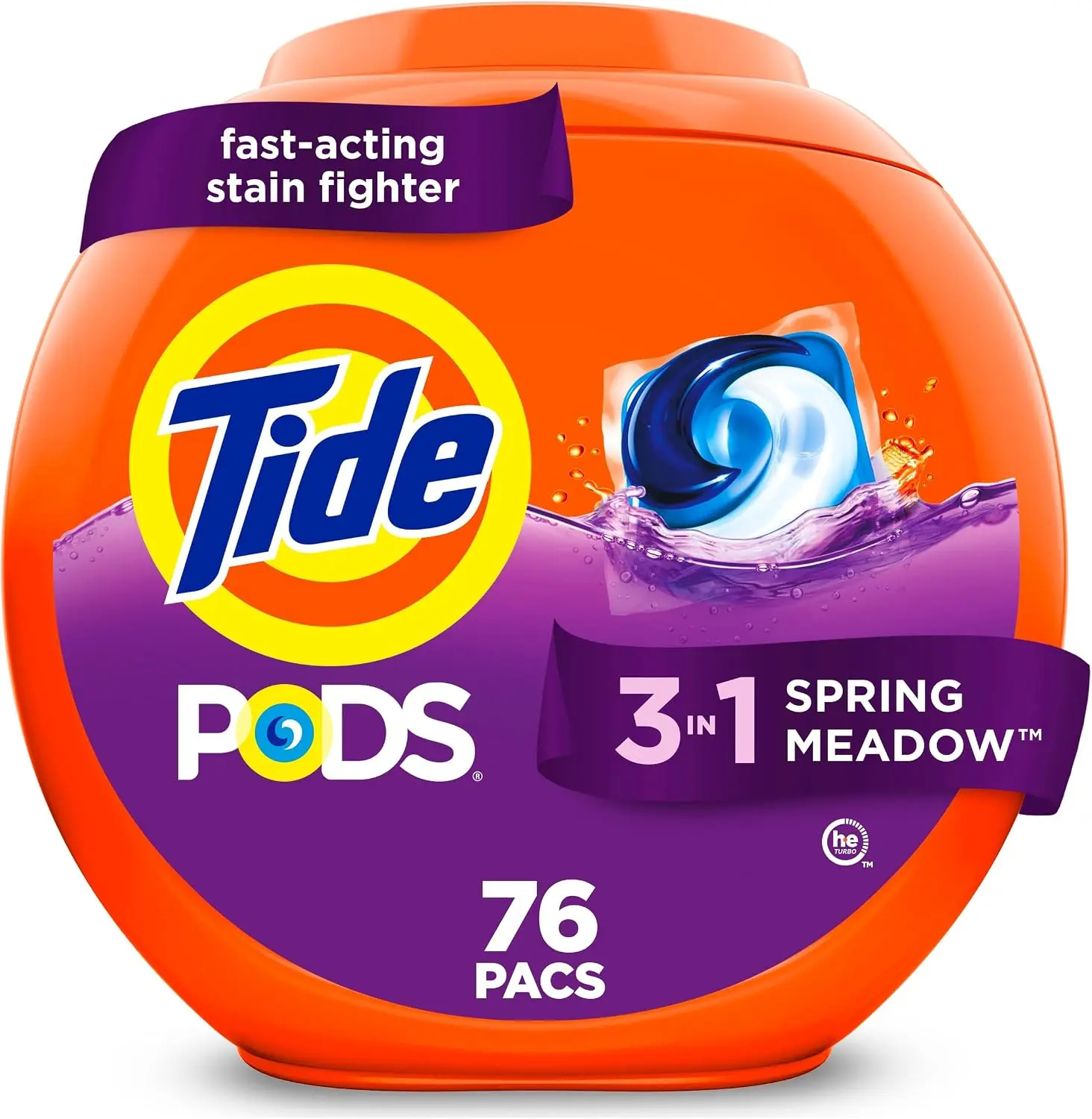Tide PODS laundry detergent pacs, 3-in-1 Stain Remover, Odor Fighter, Color Protector, 76 Count, HE compatible, Spring Meadow Scent