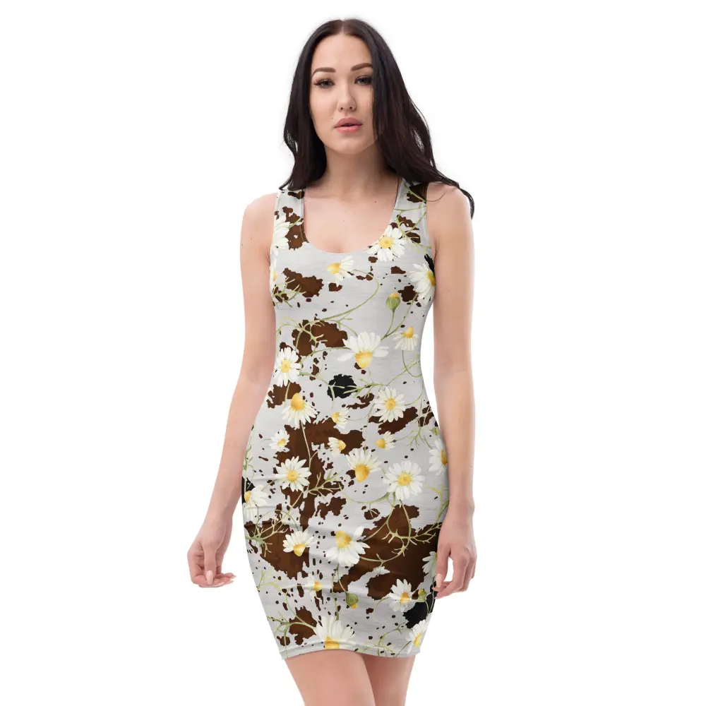 Cow Print Daisy Floral Bodycon Dress, Rustic Country Fitted Sleeveless Dress, Farmhouse Animal Print Racerback Dress, Western Trendy Statement Dress, Chic Party Dress, Night Out Outfit, Gift for Her