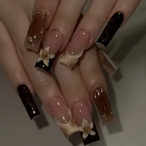 Gradient French Leopard Print Press-On Nails, Flower Nails, Flower Design Nails, Elegant Wearable Nails for Girls, Perfect for Dates and Parties, Includes Jelly Glue and File Set