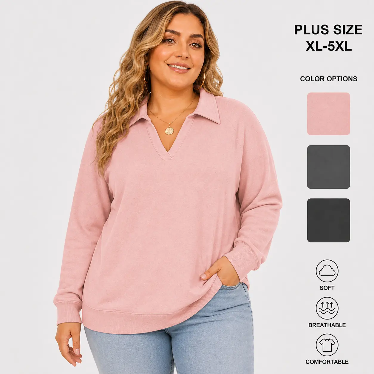 ROSRISS VPS0225 Womens Plus-Size Sweatshirts Casual Collared V Neck Polo Tops Long Sleeve Pullover Tunics Loose Lightweight Blouses