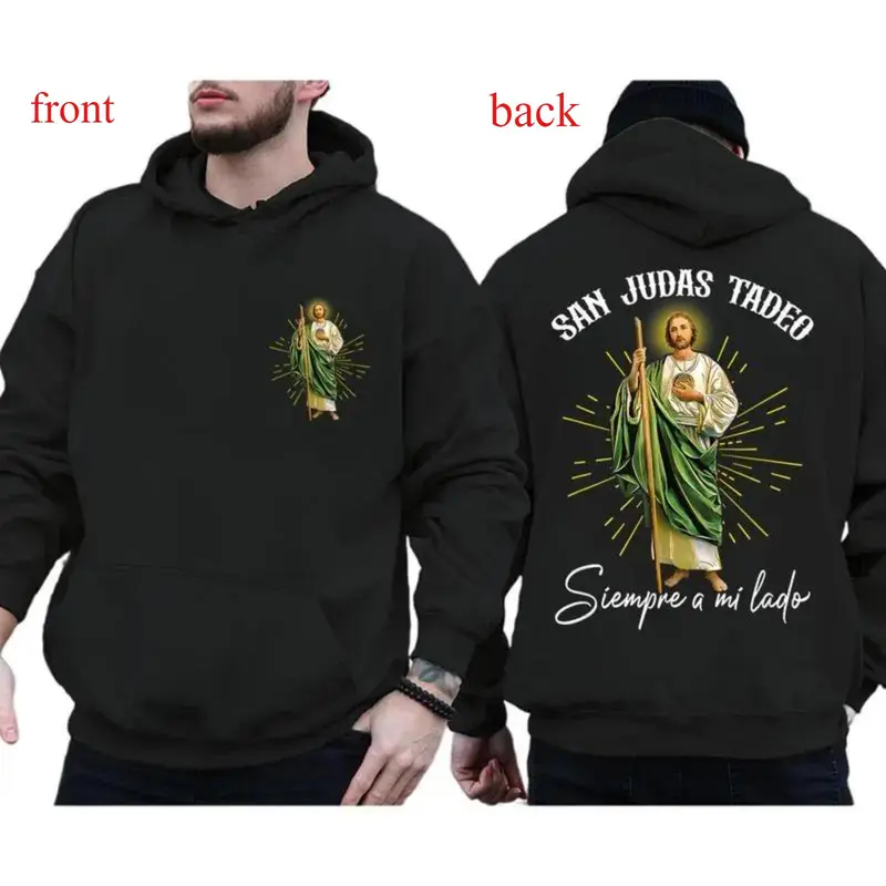 San Judas Tadeo 2 Sides Hoodie – Siempre a Mi Lado Jesus Pullover, Spanish Christian Faith Unisex Pullover