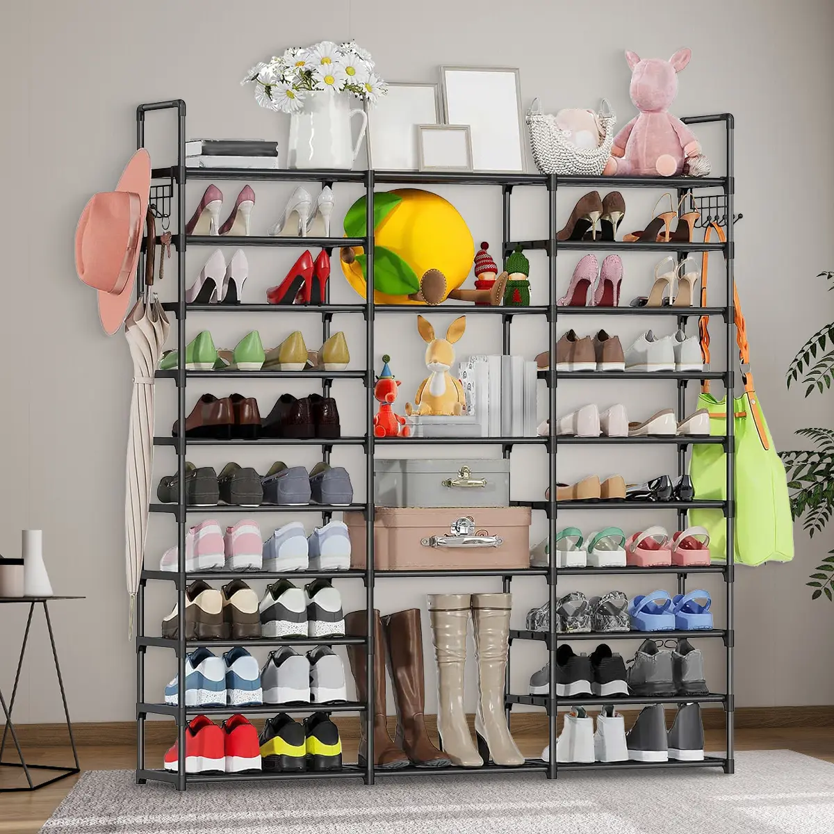Melanon 9 Tier Shoe Rack Organizer, Max Holds 55 Pairs, Metal Shoe Storage, Shelf with Hooks for Entryway, Garage, Black Footwear Organization Closet  9 Tiers Shoe Rack