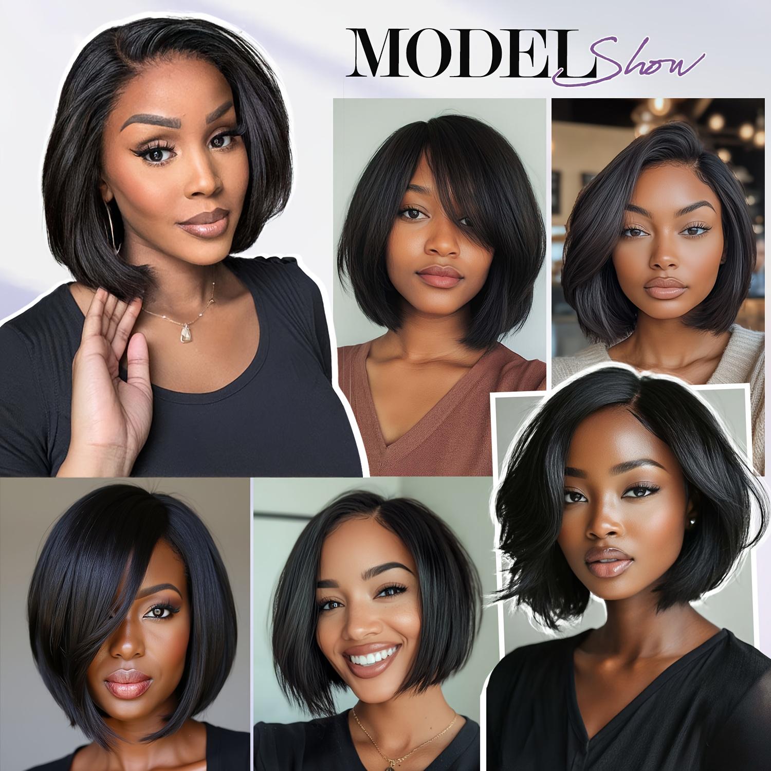 Synthetic Short Bob Wig with a 4X1 Lace Side Part, Designed for Women. This Straight Black Wig Is Heat Resistant And Suitable for Everyday Wear, Parties, Or Cosplay