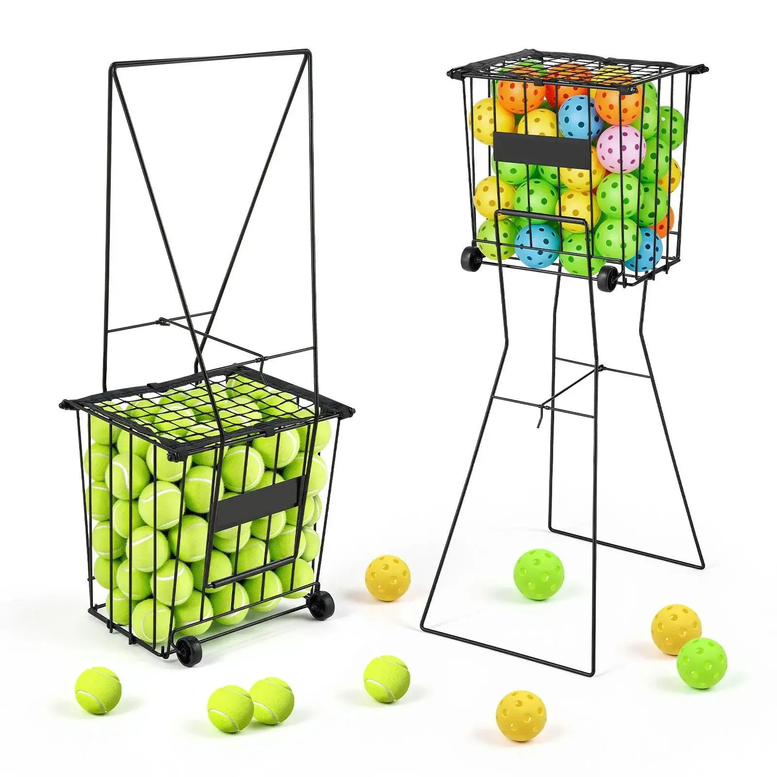 Tennis Ball Pickup Hopper Cart - 75 Tennis Balls & 52 Pickleballs Capacity, Heavy-Duty Anti-Corrosion Steel Frame, Ergonomic No-Bend Design, Convertible Handle, Smooth Wheels, Portable On-Court Training Caddy
