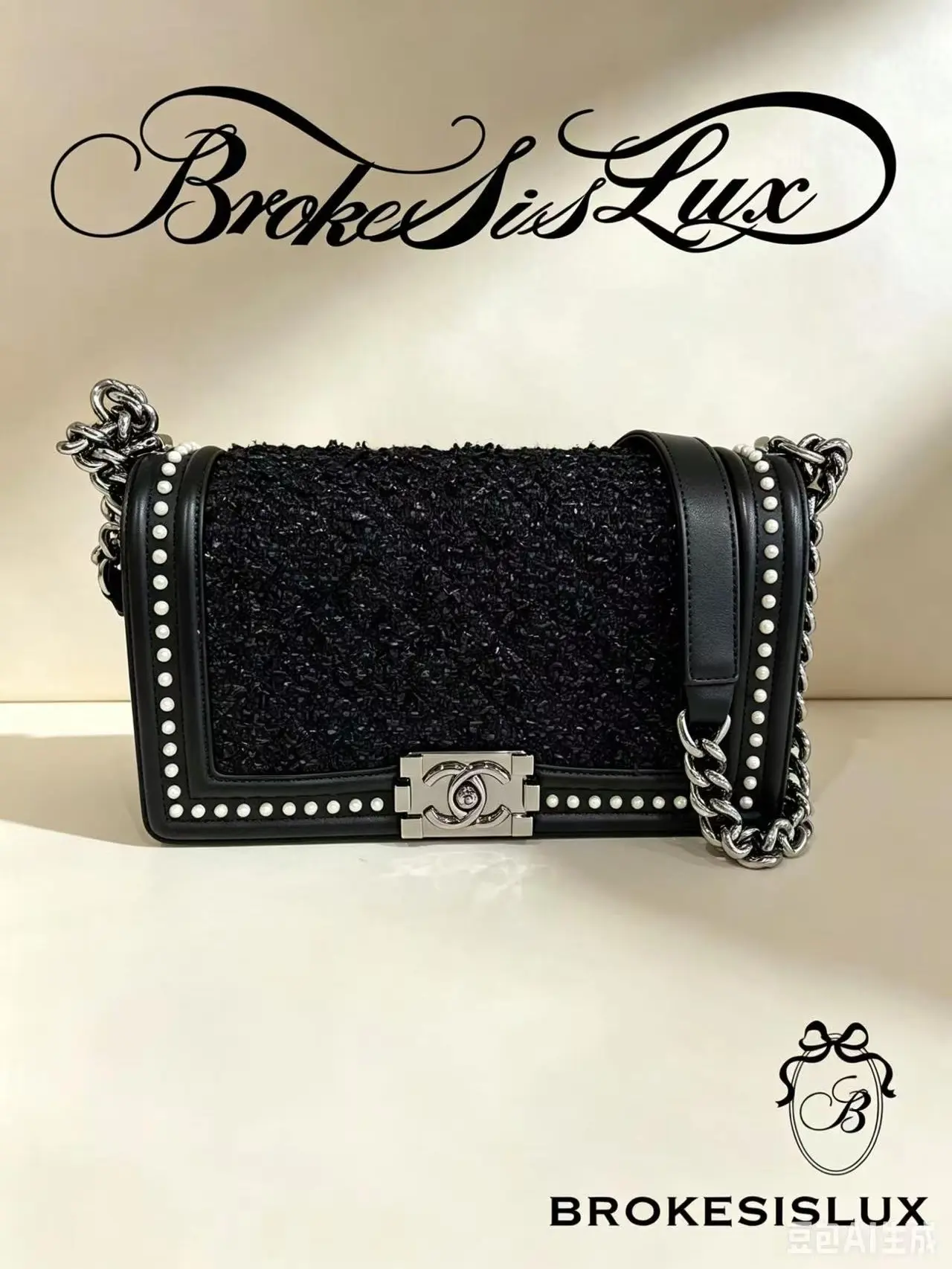Pre-owned CHANEL Medium Boy Bag Black Glitter Tweed | Pearl Trim, Silver CC Hardware, Chunky Chain Strap