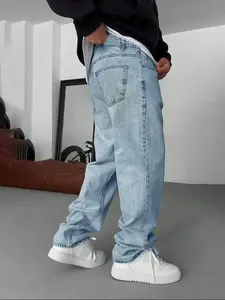 Straight Leg Denim Jeans Cotton Slant Pockets Washed Jean, Casual Versatile Wide Leg Jeans, Couple Matching Straight Fit Loose Fit