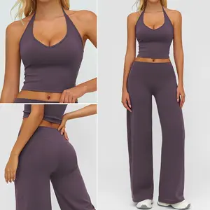 NVWA Mother's Day Gifts,Women's Fitness Set Two-Piece Strappy Crop Top with Straight-Leg Pants Gym NVWA Mother's Day Gifts,Workout Wear Pilates Set Stylish Strappy V-Neck Top for Outings The Ultimate Choice for Fitness and Casual Wear