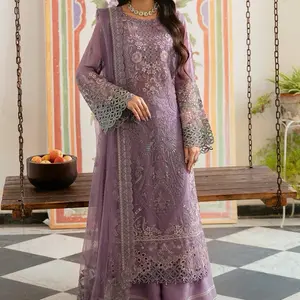 Pakistani Dress Salwar Kameez Set for Women Luxury Chiffon Dress with Emblishments and Embroidery in Purple with Sequins and Net Dupatta - Suit