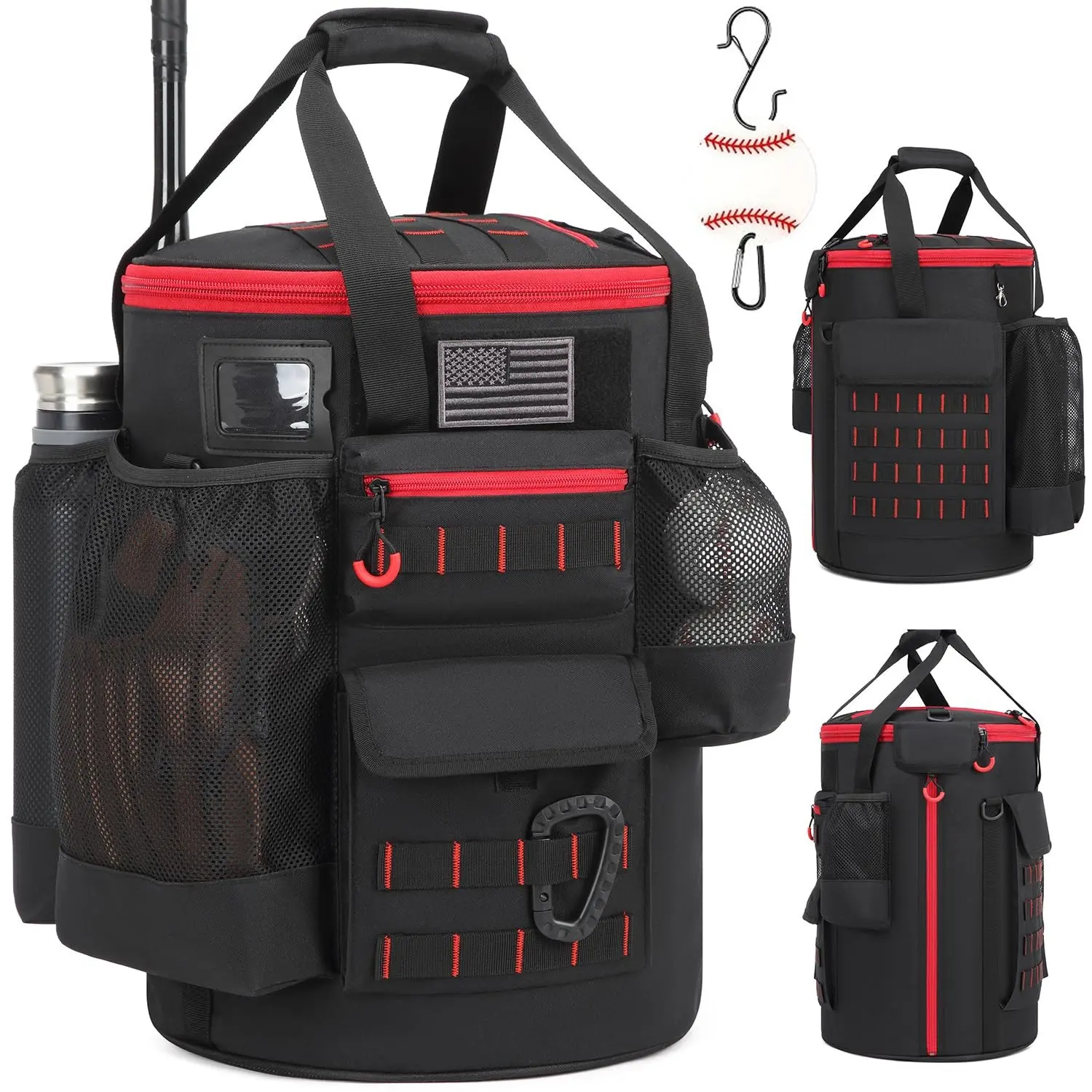 Unisex Nylon Softball/Baseball Tactical Bucket Bag - Bucket Fit Organizer for Coaches, 17.3x12.2in Anti-Slip Bottom, Multiple Pockets for Bat, Gloves, Scoreboards, Practice Gear & Coaching Accessories