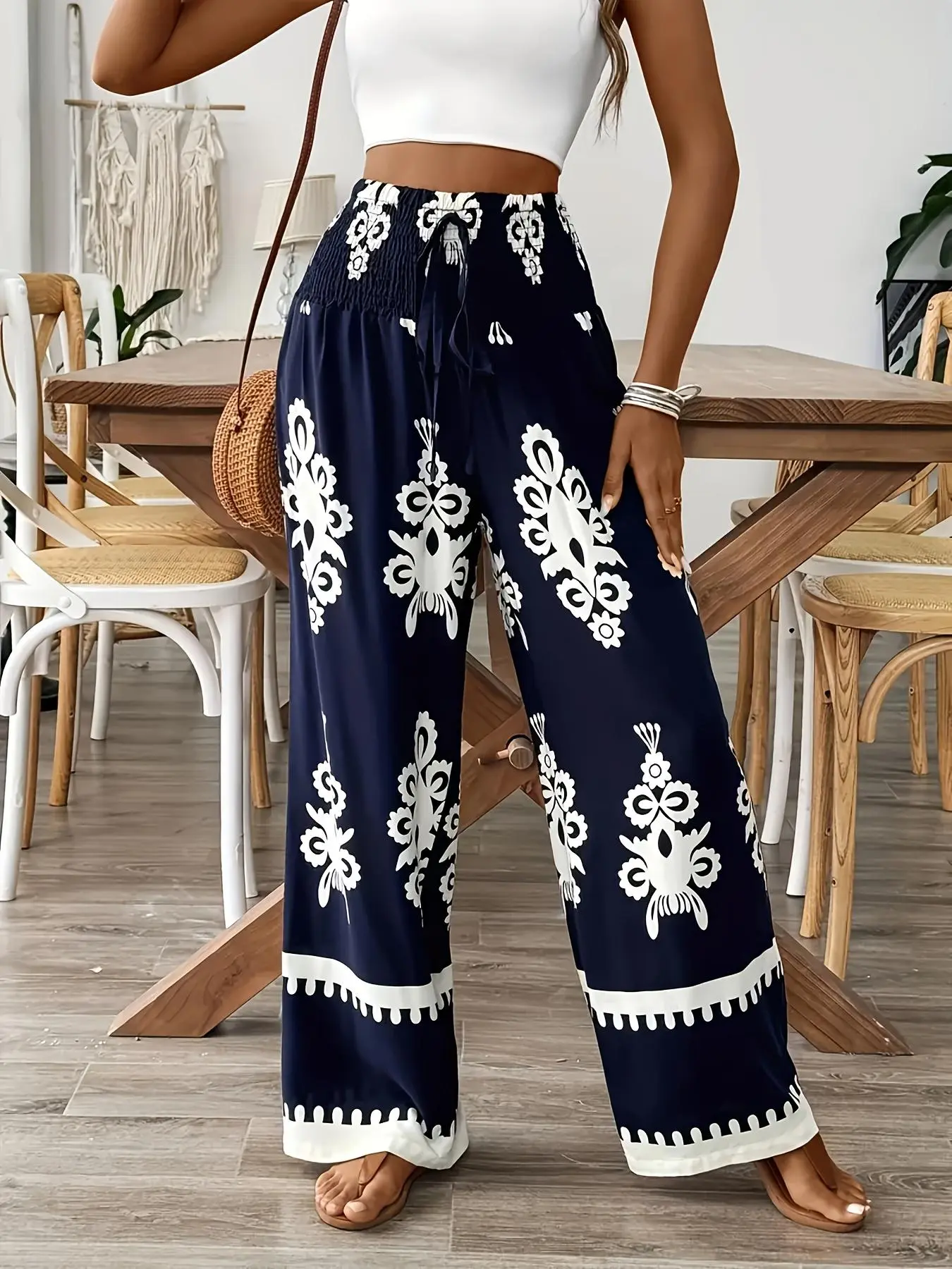 [Plus Size]Floral Print, Boho Casual Comfy Trousers for Daily Holiday Vacation Wear, Women's Bottoms for Summer, Bohemian Trousers, Casual Pants