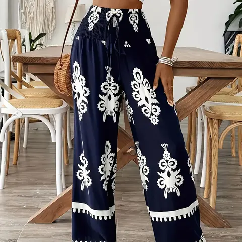 [Plus Size]Floral Print, Boho Style Casual Comfy Trousers for Daily Holiday Vacation Wear, Women's Bottoms for Summer, Bohemian Trousers, Casual Pants