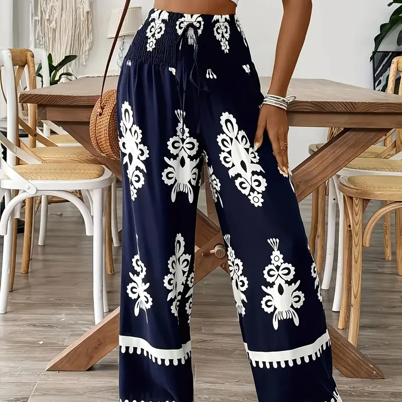 [Plus Size]Floral Print, Boho Style Casual Comfy Trousers for Daily Holiday Vacation Wear, Women's Bottoms for Summer, Bohemian Trousers, Casual Pants