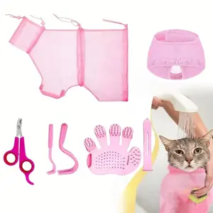 6 Pack Cat Bathing Bag Set | Adjustable Pet Shower Net Bag,Shiny Fur Pet Care Products, Nail Clippers tool, Without Battery ﻿