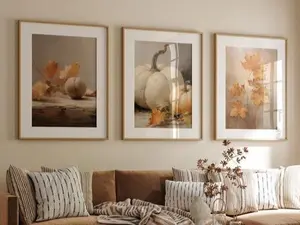 Autumn Set of 3 Prints, Fall Farmhouse 3 Pieces Fall Wall Art, Pumpkins Painting, Autumn Leaves Print, Still Life Prints