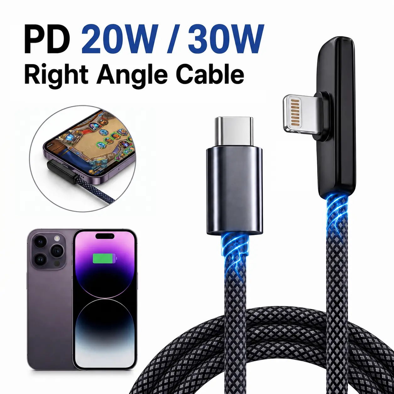 USB C to Lightning Cable, Right Angle iPhone Charger Cord 20W Fast Charging 90 Degree Braided Cable Compatible with iPhone 14 13 12 11 Pro Max Plus iPad AirPods, 3.3ft/6.6ft