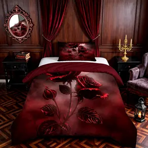 2/3Pcs Gothic Night‑Moon Red Rose Duvet Cover Set, Dark Romantic‑Style Digital Printed Bedding, No Core, Soft Machine‑Washable Quilt Cover, Perfect for Bedroom, Dorm & Gothic‑Style Enthusiasts, Ideal Home Decor Gift