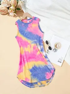 Girl's Casual Streetwear Spring/Summer Sleeveless Knit Tie-Dye Round Neck Dress
